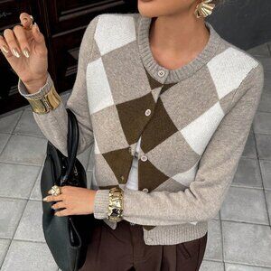 Multicolor Casual Women's Collegiate Patchwork Argyle Long Sleeve Cardigan